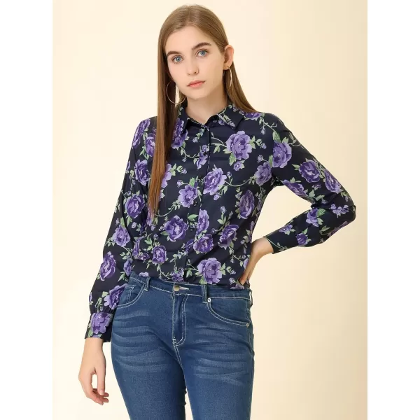 Allegra K Women's Tropical Print Blouse Lapel Collar Long Sleeve Elegant Button Down Shirt