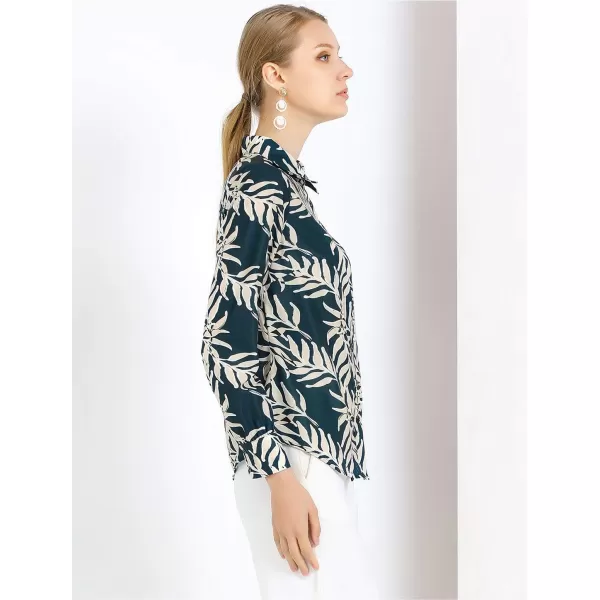 Allegra K Women's Tropical Print Blouse Lapel Collar Long Sleeve Elegant Button Down Shirt