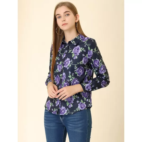Allegra K Women's Tropical Print Blouse Lapel Collar Long Sleeve Elegant Button Down Shirt