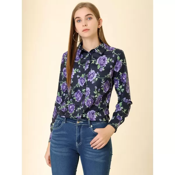 Allegra K Women's Tropical Print Blouse Lapel Collar Long Sleeve Elegant Button Down Shirt