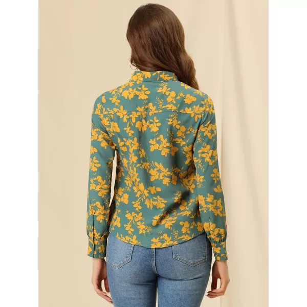 Allegra K Women's Tropical Print Blouse Lapel Collar Long Sleeve Elegant Button Down Shirt