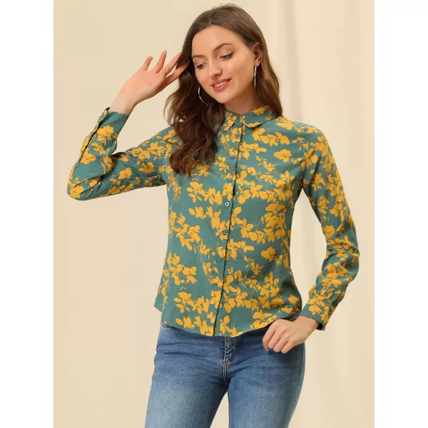 Allegra K Women's Tropical Print Blouse Lapel Collar Long Sleeve Elegant Button Down Shirt