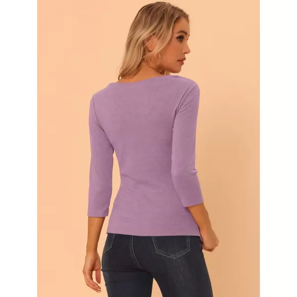 Allegra K Women's V Neck Blouse 3/4 Sleeves Solid Knitted Buttons Decor Ruched Top