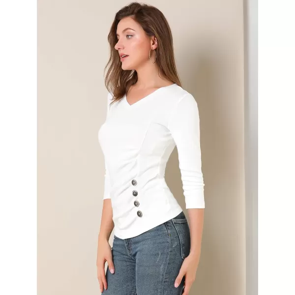 Allegra K Women's V Neck Blouse 3/4 Sleeves Solid Knitted Buttons Decor Ruched Top