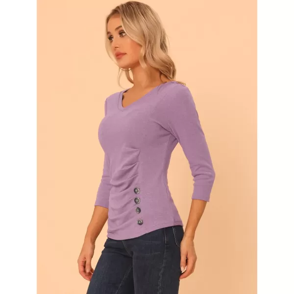 Allegra K Women's V Neck Blouse 3/4 Sleeves Solid Knitted Buttons Decor Ruched Top