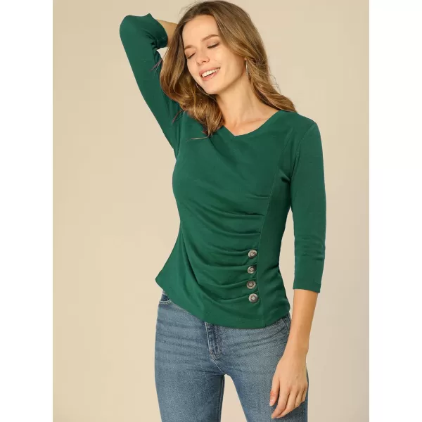 Allegra K Women's V Neck Blouse 3/4 Sleeves Solid Knitted Buttons Decor Ruched Top