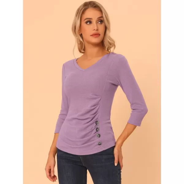 Allegra K Women's V Neck Blouse 3/4 Sleeves Solid Knitted Buttons Decor Ruched Top