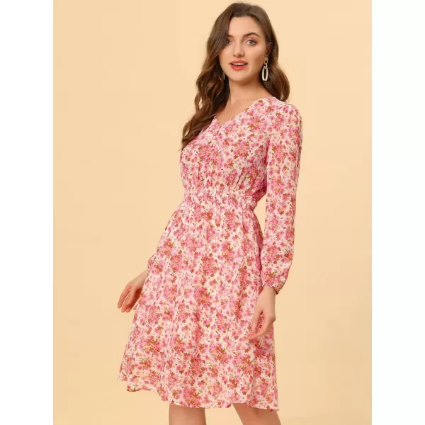 Allegra K Women's Valentine's Day Floral Print V-Neck Dress Smocked Waist Midi Dress