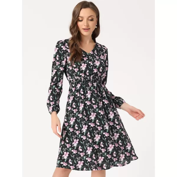 Allegra K Women's Valentine's Day Floral Print V-Neck Dress Smocked Waist Midi Dress