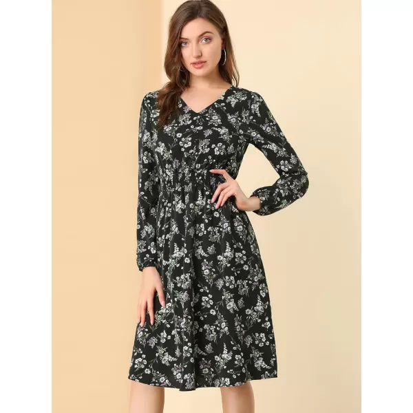 Allegra K Women's Valentine's Day Floral Print V-Neck Dress Smocked Waist Midi Dress