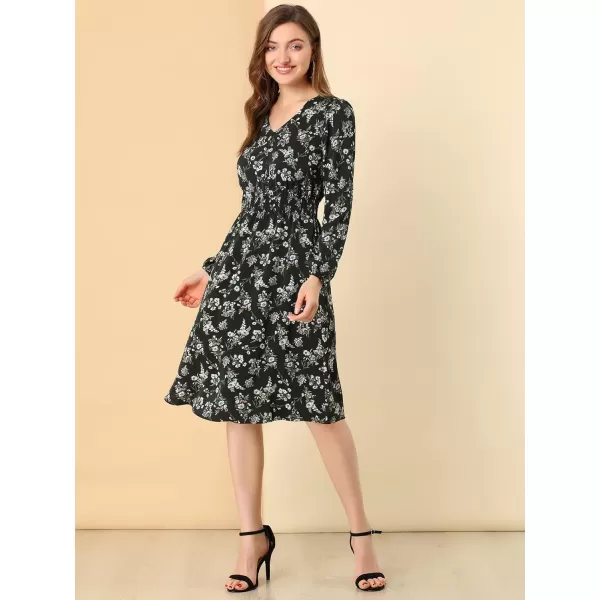 Allegra K Women's Valentine's Day Floral Print V-Neck Dress Smocked Waist Midi Dress