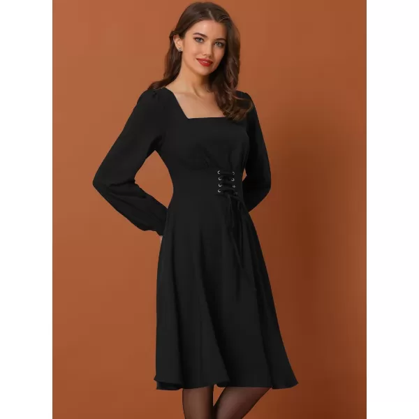 Allegra K Women's Valentine's Day Square Neck Lantern Long Sleeve A-Line Gothic Lace Up Dress