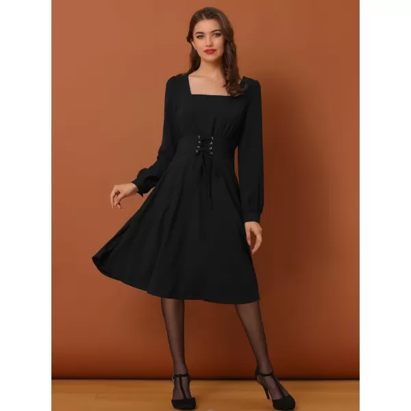 Allegra K Women's Valentine's Day Square Neck Lantern Long Sleeve A-Line Gothic Lace Up Dress