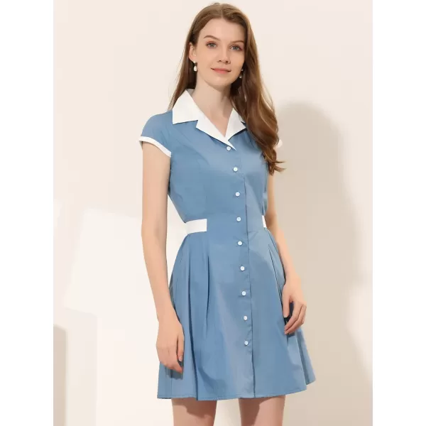 Allegra K Women's Vintage Button Down Dress Flat Collar Belted Office Mini Shirt Dress