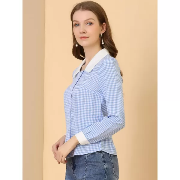 Allegra K Women's Vintage Contrast Peter Pan Collar Blouse Gingham Long Sleeve Button Down Shirt