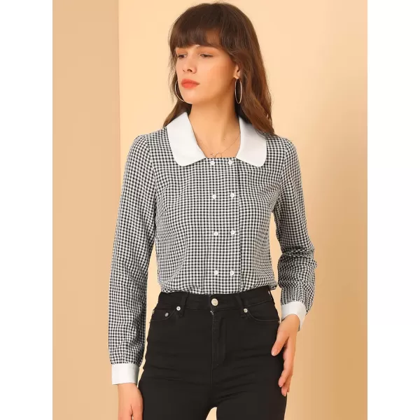 Allegra K Women's Vintage Contrast Peter Pan Collar Blouse Gingham Long Sleeve Button Down Shirt