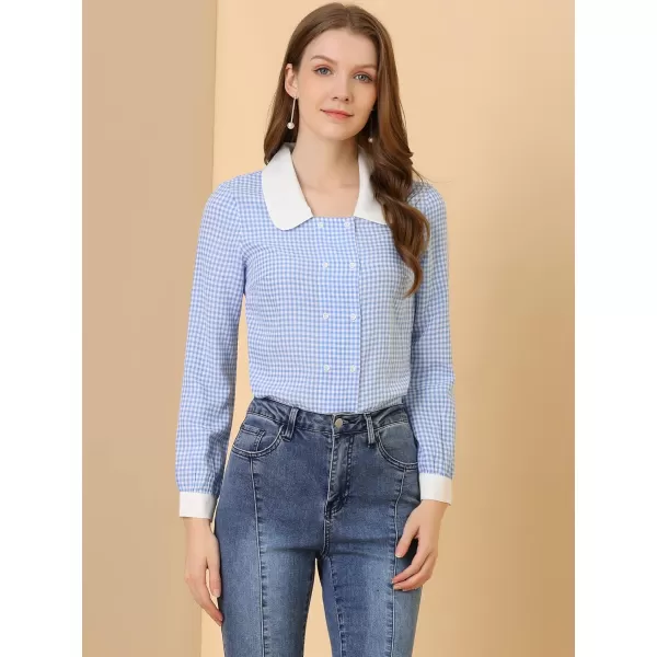 Allegra K Women's Vintage Contrast Peter Pan Collar Blouse Gingham Long Sleeve Button Down Shirt
