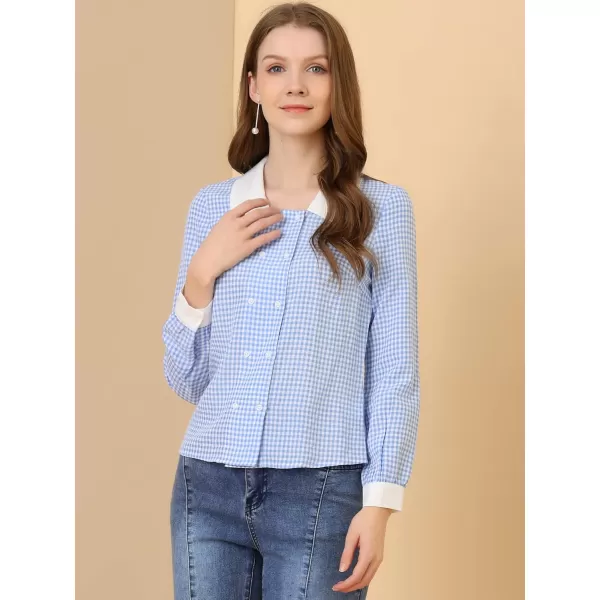 Allegra K Women's Vintage Contrast Peter Pan Collar Blouse Gingham Long Sleeve Button Down Shirt