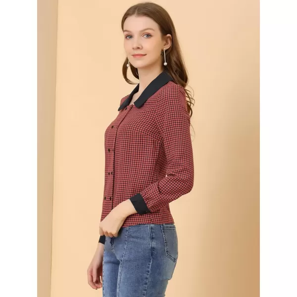 Allegra K Women's Vintage Contrast Peter Pan Collar Blouse Gingham Long Sleeve Button Down Shirt