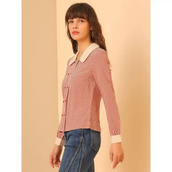 Allegra K Women's Vintage Contrast Peter Pan Collar Blouse Gingham Long Sleeve Button Down Shirt