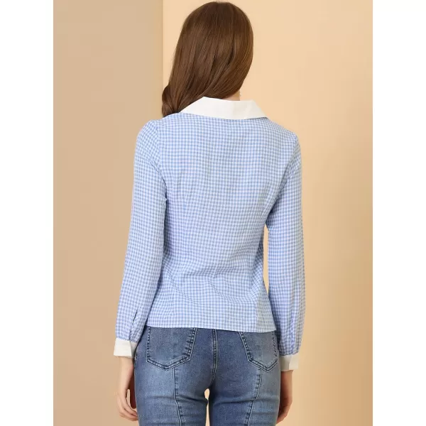 Allegra K Women's Vintage Contrast Peter Pan Collar Blouse Gingham Long Sleeve Button Down Shirt