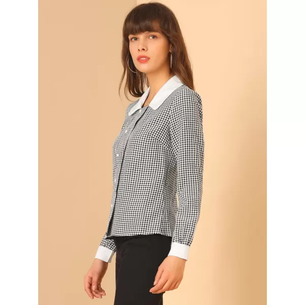 Allegra K Women's Vintage Contrast Peter Pan Collar Blouse Gingham Long Sleeve Button Down Shirt