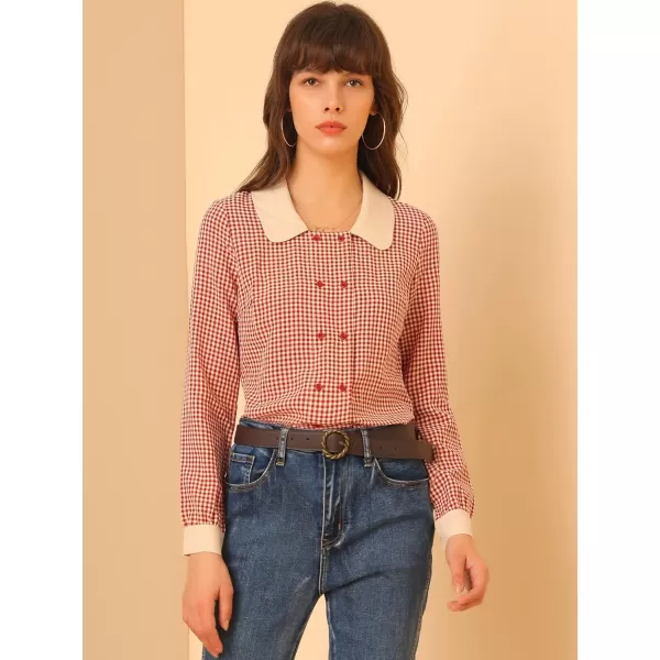 Allegra K Women's Vintage Contrast Peter Pan Collar Blouse Gingham Long Sleeve Button Down Shirt