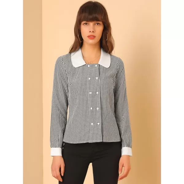 Allegra K Women's Vintage Contrast Peter Pan Collar Blouse Gingham Long Sleeve Button Down Shirt