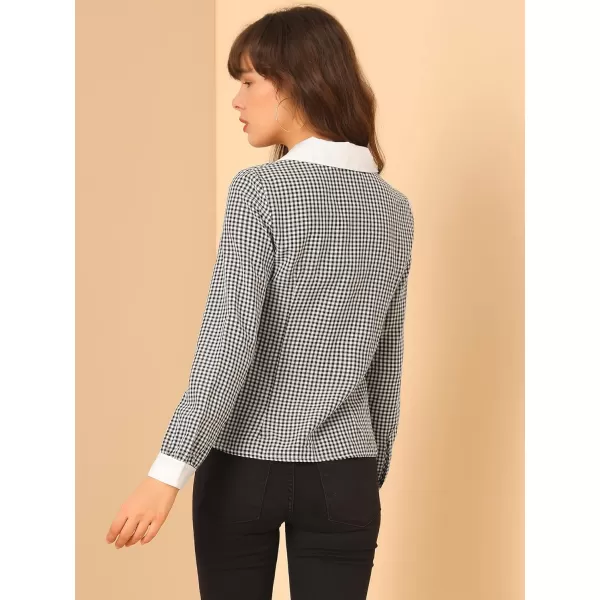 Allegra K Women's Vintage Contrast Peter Pan Collar Blouse Gingham Long Sleeve Button Down Shirt