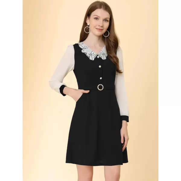 Allegra K Women's Work Peter Pan Collar Elegant Contract Panel with Pockets A-Line Dress