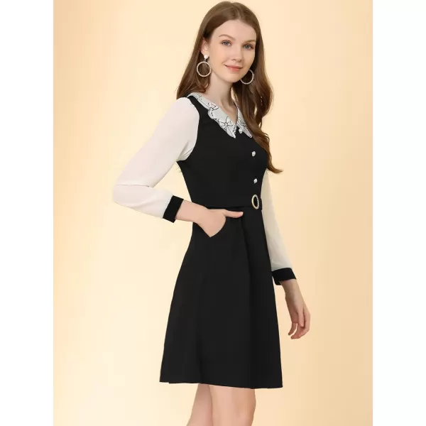 Allegra K Women's Work Peter Pan Collar Elegant Contract Panel with Pockets A-Line Dress