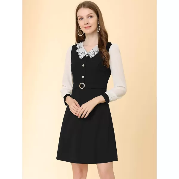 Allegra K Women's Work Peter Pan Collar Elegant Contract Panel with Pockets A-Line Dress