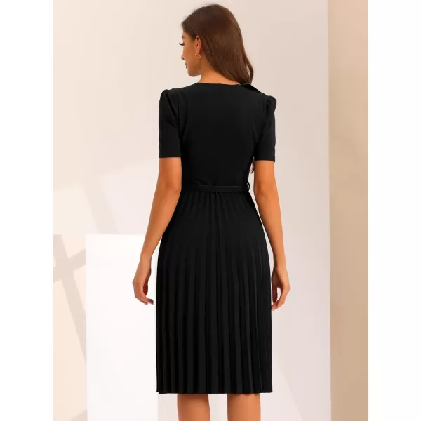 Allegra K Work Dresses for Women's V-Neck Short Sleeve Below Knee Belted A-Line Pleated Dress