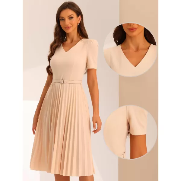 Allegra K Work Dresses for Women's V-Neck Short Sleeve Below Knee Belted A-Line Pleated Dress