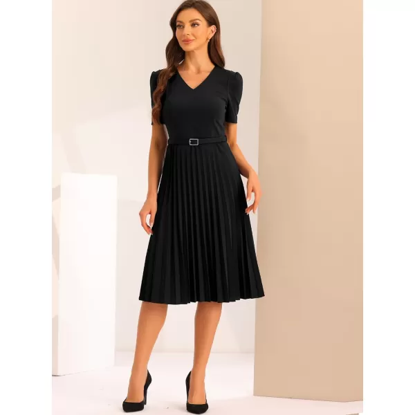 Allegra K Work Dresses for Women's V-Neck Short Sleeve Below Knee Belted A-Line Pleated Dress