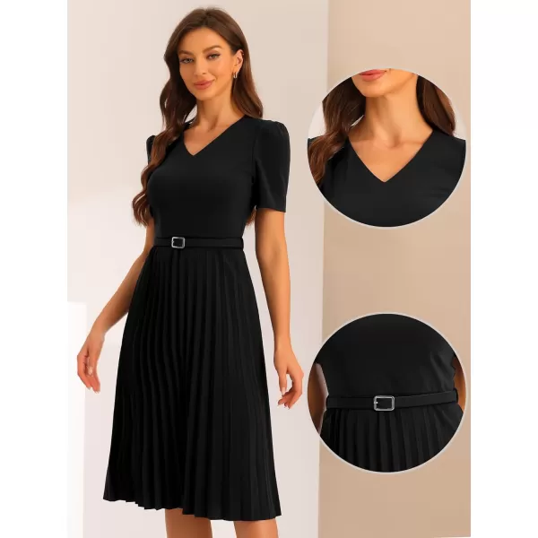 Allegra K Work Dresses for Women's V-Neck Short Sleeve Below Knee Belted A-Line Pleated Dress