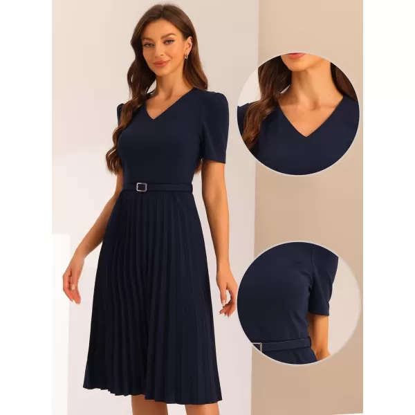 Allegra K Work Dresses for Women's V-Neck Short Sleeve Below Knee Belted A-Line Pleated Dress