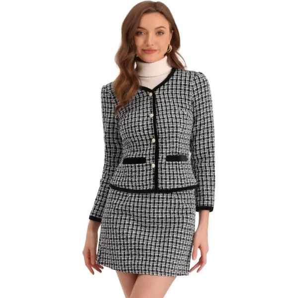 Allegra K Business Suit Set for Women's 2 Piece Outfits Plaid Tweed Short Blazer Jacket and Skirt Sets