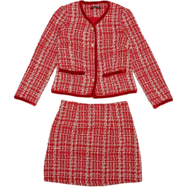 Allegra K Business Suit Set for Women's 2 Piece Outfits Plaid Tweed Short Blazer Jacket and Skirt Sets