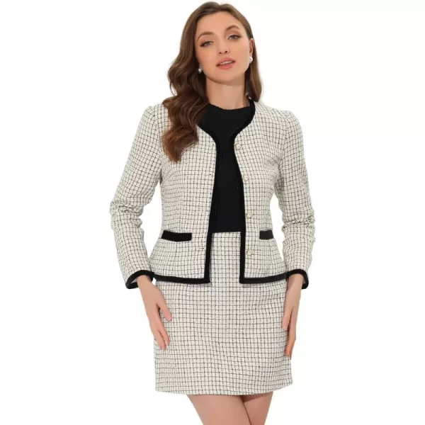 Allegra K Business Suit Set for Women's 2 Piece Outfits Plaid Tweed Short Blazer Jacket and Skirt Sets