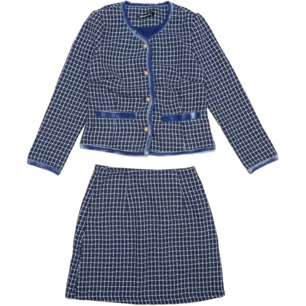 Allegra K Business Suit Set for Women's 2 Piece Outfits Plaid Tweed Short Blazer Jacket and Skirt Sets