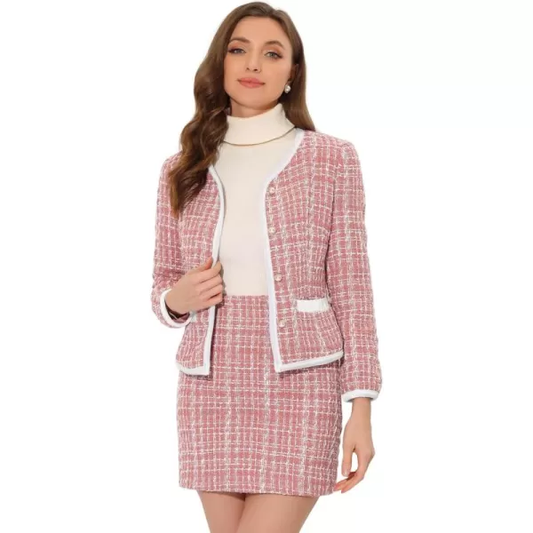 Allegra K Business Suit Set for Women's 2 Piece Outfits Plaid Tweed Short Blazer Jacket and Skirt Sets