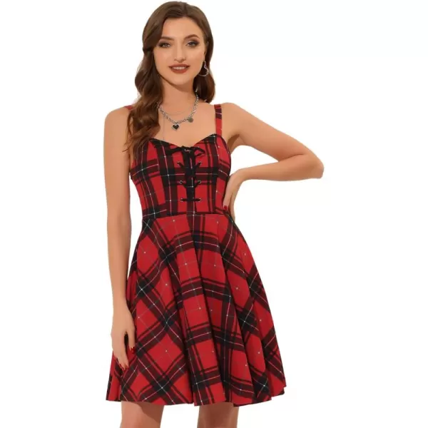 Allegra K Christmas Plaid Dress for Women's Gothic Vintage Lace-Up Dresses