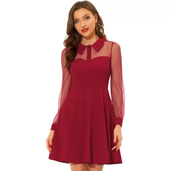 Allegra K Cocktail Party Dress for Women's Sheer Mesh Panel Long Sleeve Mini A-Line Dresses