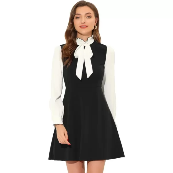 Allegra K Contrast Color Dress for Women's Vintage Long Sleeve Tie Neck Dresses