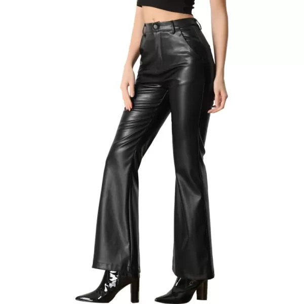 Allegra K Faux Leather Casual Pant for Women's High Waist Bell Bottom Flared Long PU Trouser