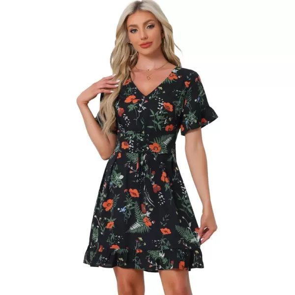 Allegra K Floral Print Chiffon Dress for Women's Summer Short Sleeve V Neck Lace Up Cinched Waist Dress