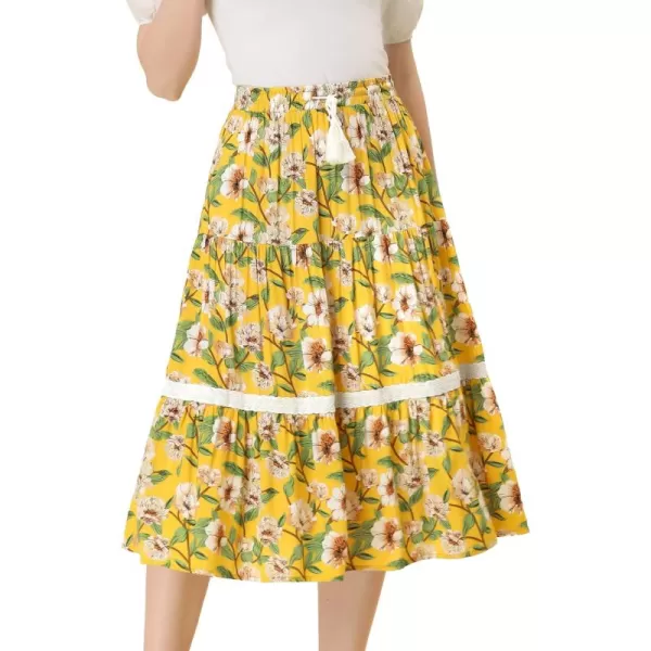 Allegra K Floral Skirt for Women's Tropical Lace Insert Elastic Drawstring Midi Tiered Vintage Skirts