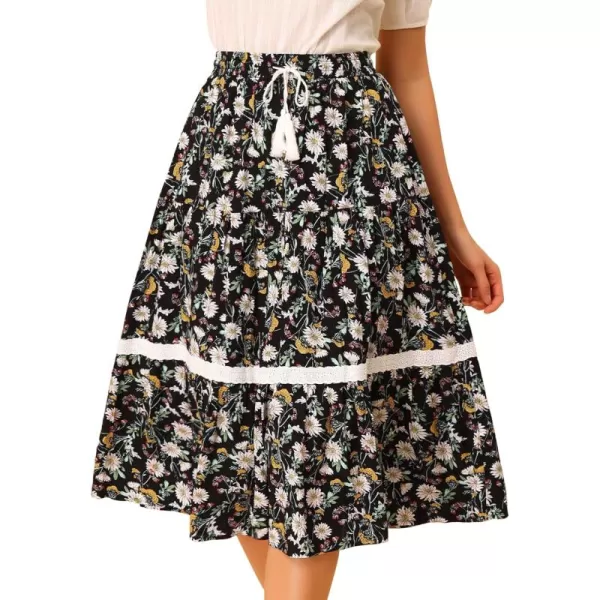 Allegra K Floral Skirt for Women's Tropical Lace Insert Elastic Drawstring Midi Tiered Vintage Skirts