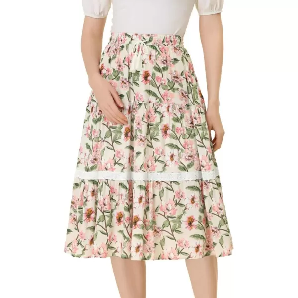 Allegra K Floral Skirt for Women's Tropical Lace Insert Elastic Drawstring Midi Tiered Vintage Skirts